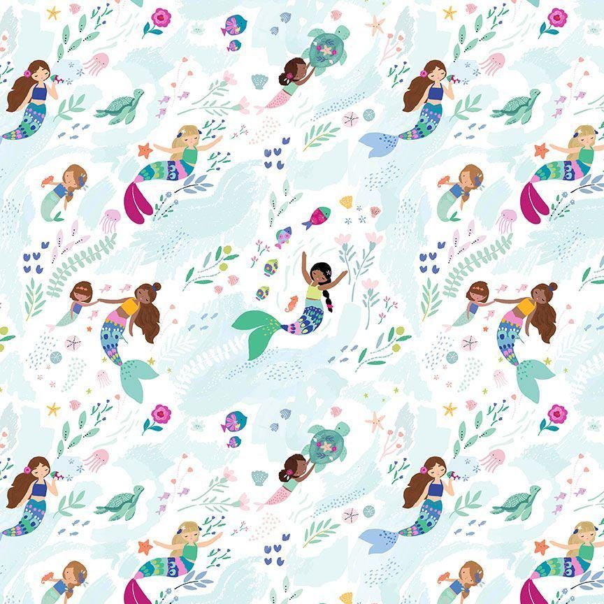 DS-Make Waves Stella D2940 White - Free Flow Mermaid fabric  100% Cotton Continuous cuts