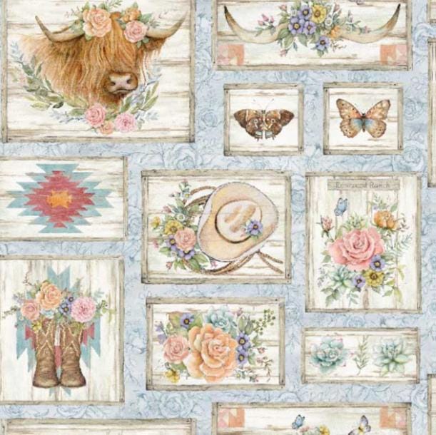Highland Ranch by Susan Winget Designs Cotton Fabric- 100% Cotton - Fabric- continuous cuts SC-81429-160 (2035-0666) Blue - Highland Patch