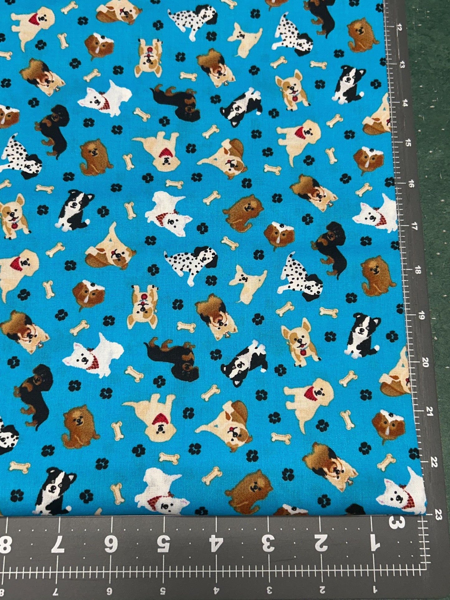 Tossed Pups on Teal Cotton Fabric- Fabric - 100% Cotton- By Robert Kaufman Fabric