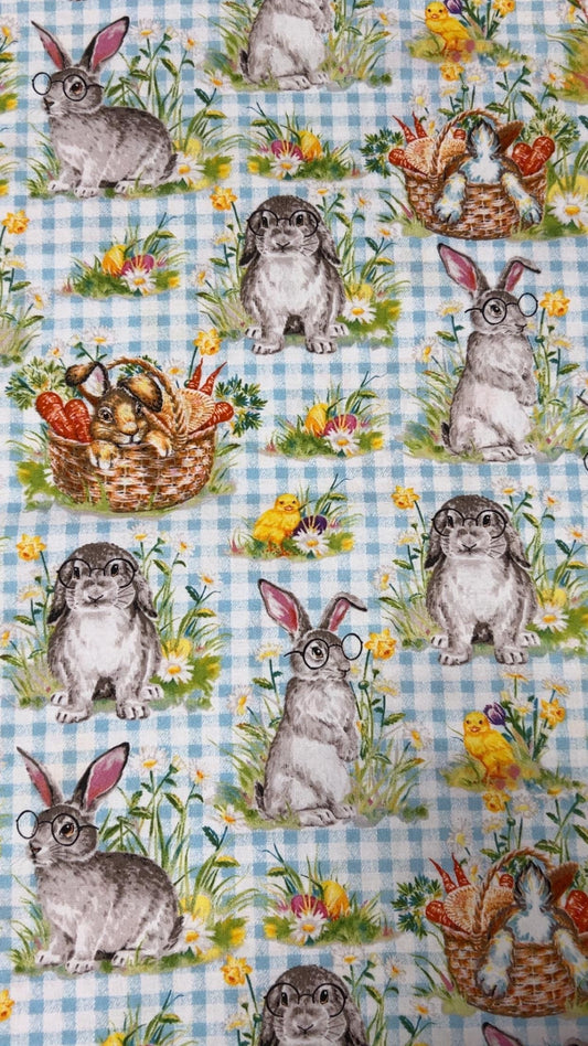 Easter Animals Bunnies Gingham Cotton fabric- 100% Cotton Continuous Cuts