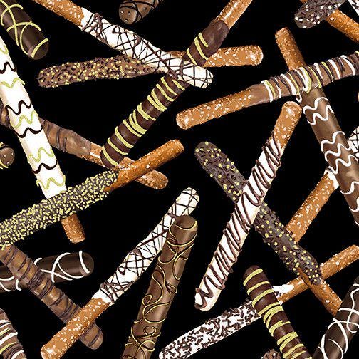 Chocolate Covered Pretzel Fabric = Chocolicious 9848-12 Black - Chocolate Pretzel Rod Novelty - continuous cuts!