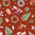 Santa and Wreaths Scatter on Scarlet Christmas Cotton Fabric - 100% Cotton-