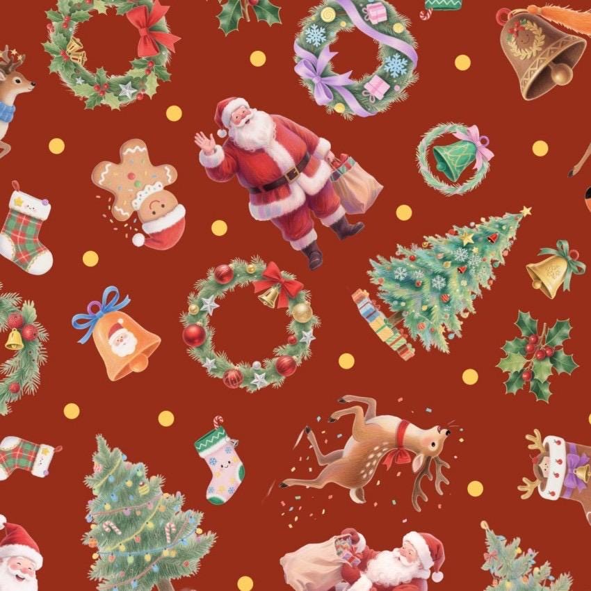Santa and Wreaths Scatter on Scarlet Christmas Cotton Fabric - 100% Cotton-