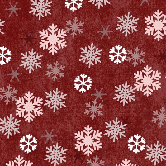 Snowflakes on Dark Red Christmas Cotton Fabric - 100% Cotton