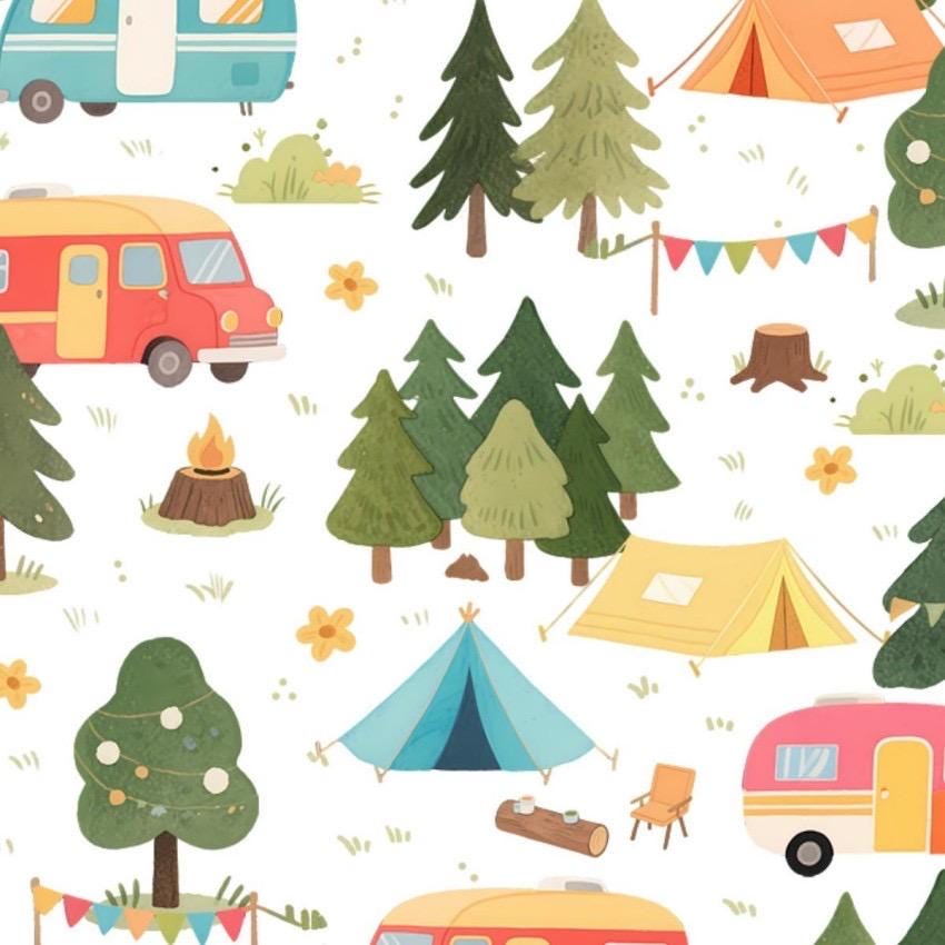 Camping Themed Fabric - Tents, Trees and Twinkling Lights-Cotton Fabric- Tenting - Outdoors -100% Cotton Planes, Trains, Trucks