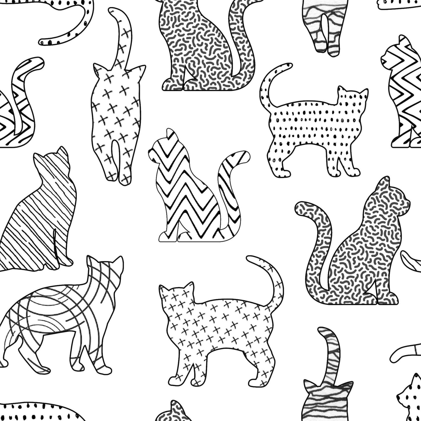 Cat Silhouettes Shape Filled on White Cotton Fabric - 100% Cotton- Continuous Cuts - by the 1/4 or 1/2 yard - Fat Quarters