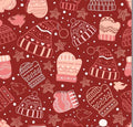 Coral Pink Winter Holiday Hats on Red Cotton Fabric - 100% Cotton - Continuous cuts DA-3981003