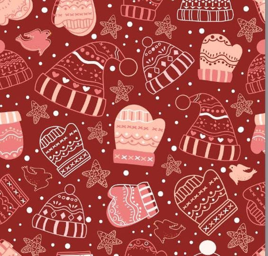 Coral Pink Winter Holiday Hats on Red Cotton Fabric - 100% Cotton - Continuous cuts DA-3981003