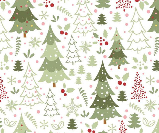 Winter Holiday Trees on White Cotton Fabric - 100% Cotton - Continuous cuts DA-3981016