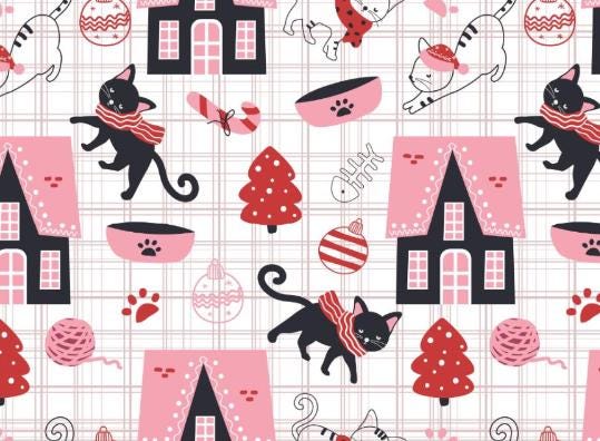 Winter Cat Village Christmas Holiday Cotton Fabric - 100% Cotton - Continuous cuts DA-3981048