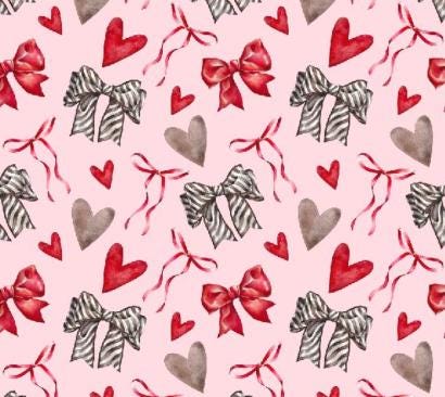 Heartstrings and Ribbon Things Valentine's Bows 100% Cotton Fabric- continuous cuts - Red Black White 01-68