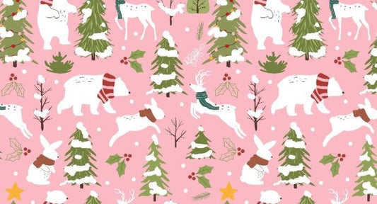 Christmas Reindeer and Trees on Pink cotton fabric - Continuous Cuts