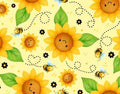 Sunflowers & Bees on Yellow Cotton fabric Continuous cuts- 100% Cotton Drewie Pie Fabrics