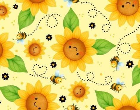 Sunflowers & Bees on Yellow Cotton fabric Continuous cuts- 100% Cotton Drewie Pie Fabrics