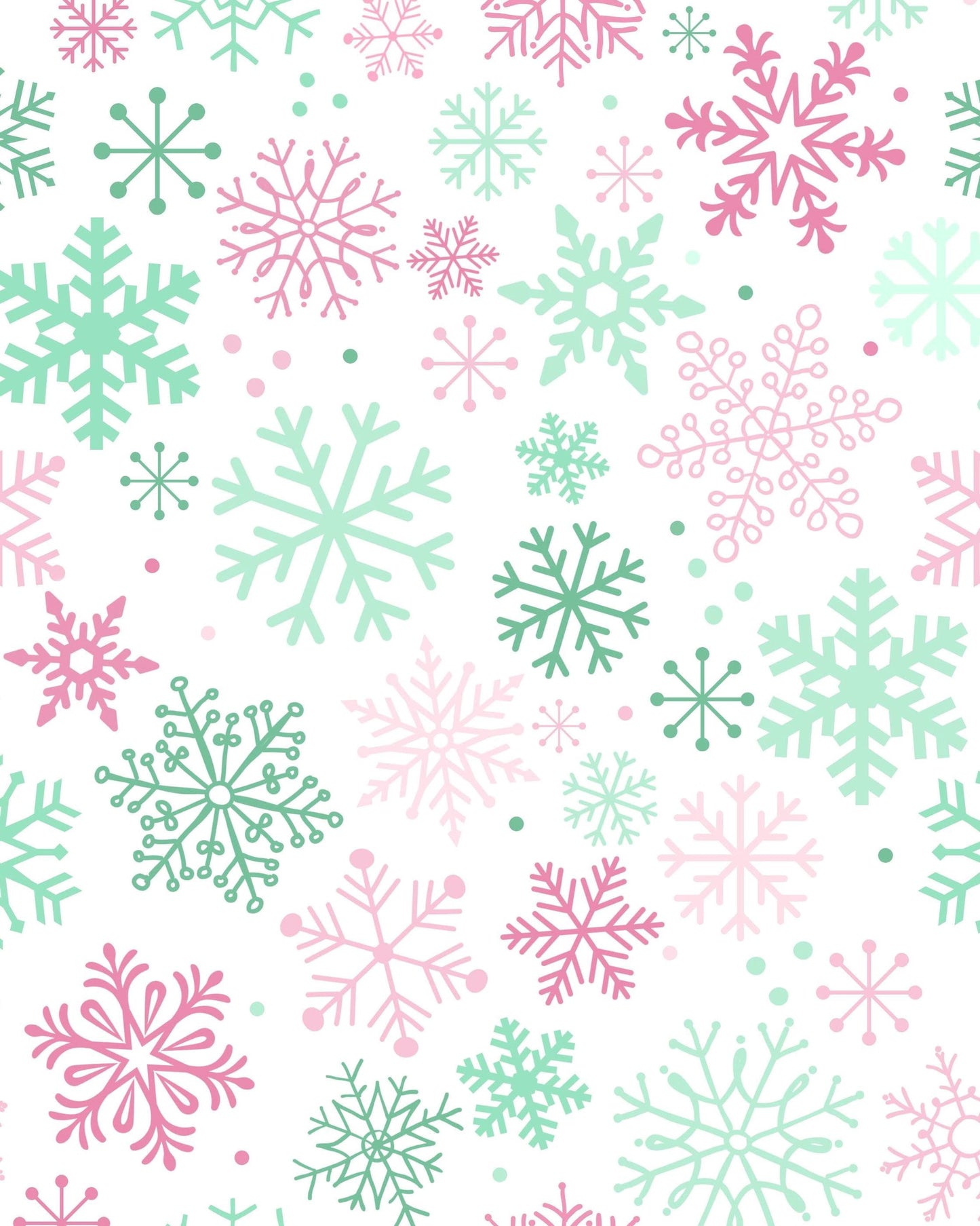 Pink Green Snowflakes on White Wonderland Christmas Cotton fabric-   Fat Quarters - By the 1/2 Yard- 100% Cotton - Continuous Cuts