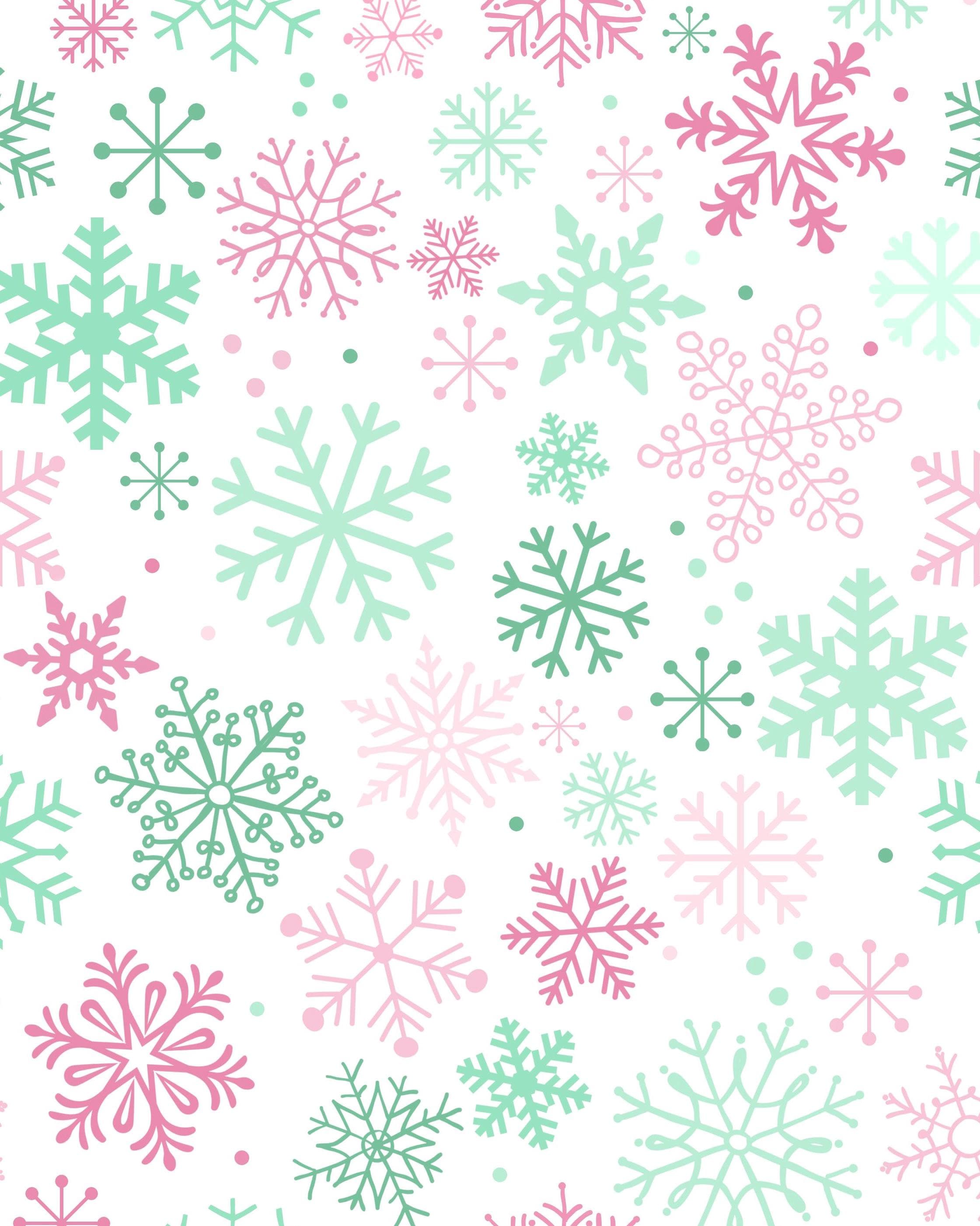 Pink Green Snowflakes on White Wonderland Christmas Cotton fabric- Fat Quarters - By the 1/2 Yard- 100% Cotton - Continuous Cuts