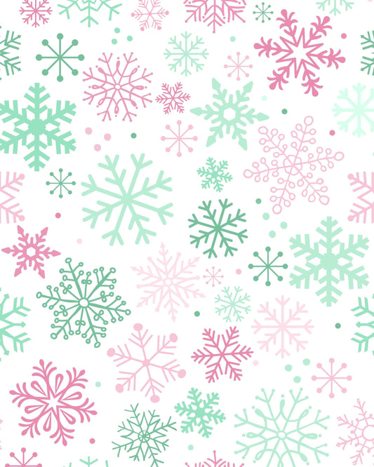 Pink Green Snowflakes on White Wonderland Christmas Cotton fabric-   Fat Quarters - By the 1/2 Yard- 100% Cotton - Continuous Cuts