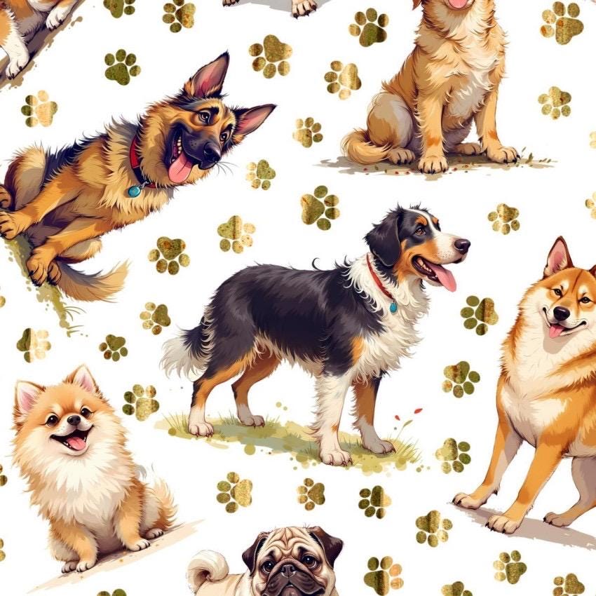 Puppy Love and Pawprints 100% Cotton fabric-continuous cuts-