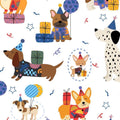 Party Dogs on White Novelty 100% Cotton Fabric- Cotton - Continuous Cuts-