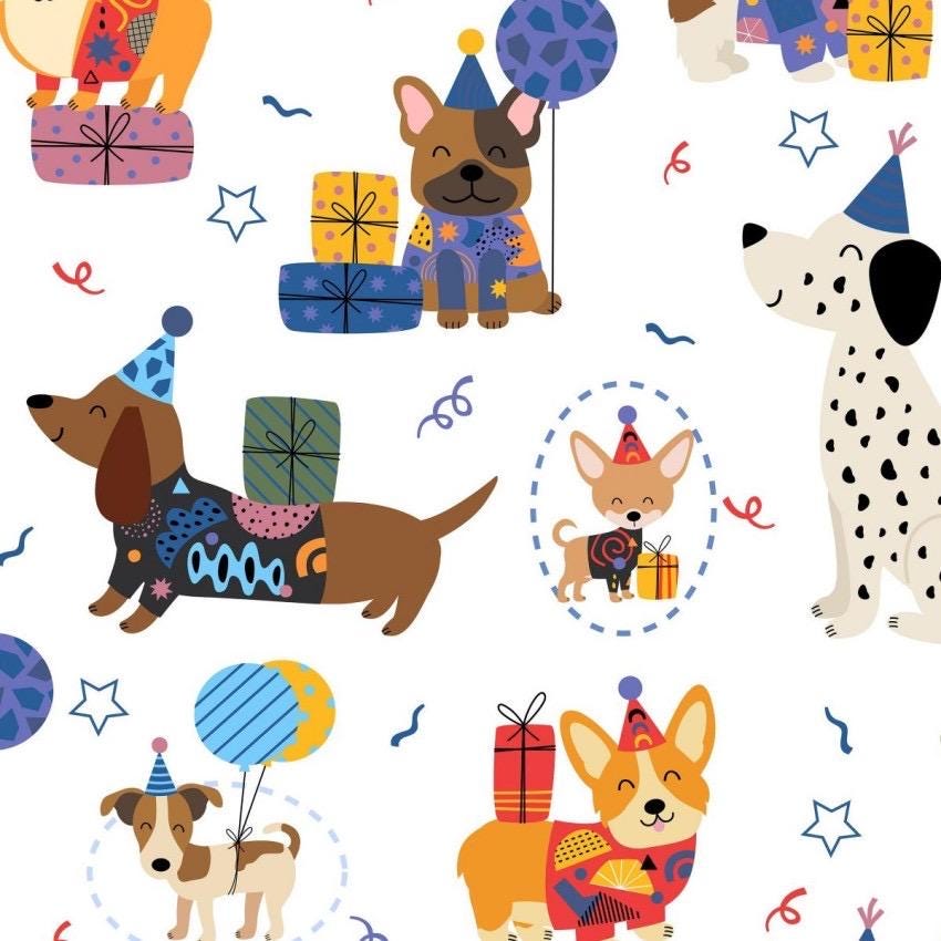 Party Dogs on White Novelty 100% Cotton Fabric-  Cotton - Continuous Cuts-