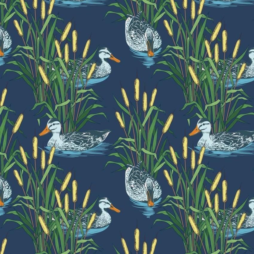 Ducks and Cattails cotton fabric- Continuous cuts- 100% Cotton-