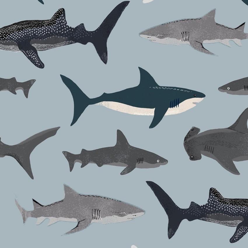 Sharks cotton fabric -Jaws - 100% Cotton - by the 1/2 yard- continuous cuts