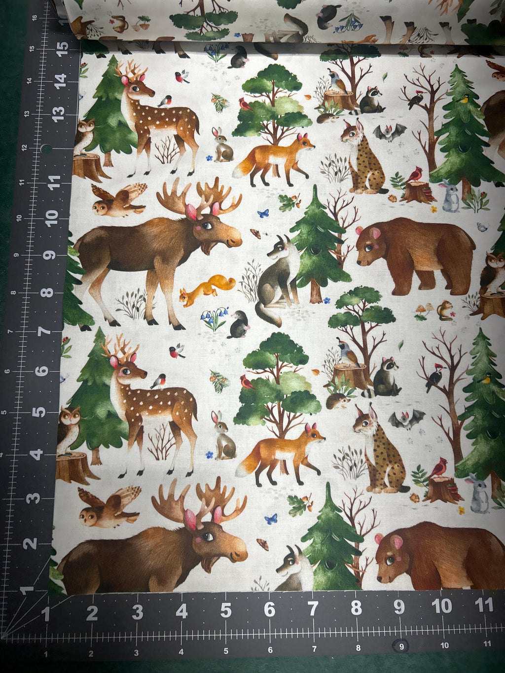 Who Lives in the Woods? Cotton fabric- - 100% Cotton - Continuous cuts- Deer Bear Bird Bunny Elizabeth Studios Fabric