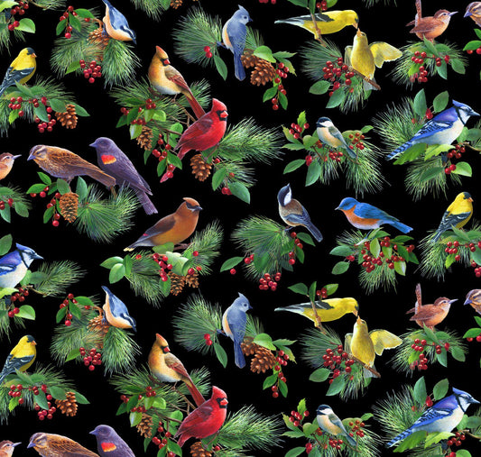 Birds and Berries Fabric -100% Cotton - continuous cuts ES-Birds and Berries 40004 Black - Allover Birds