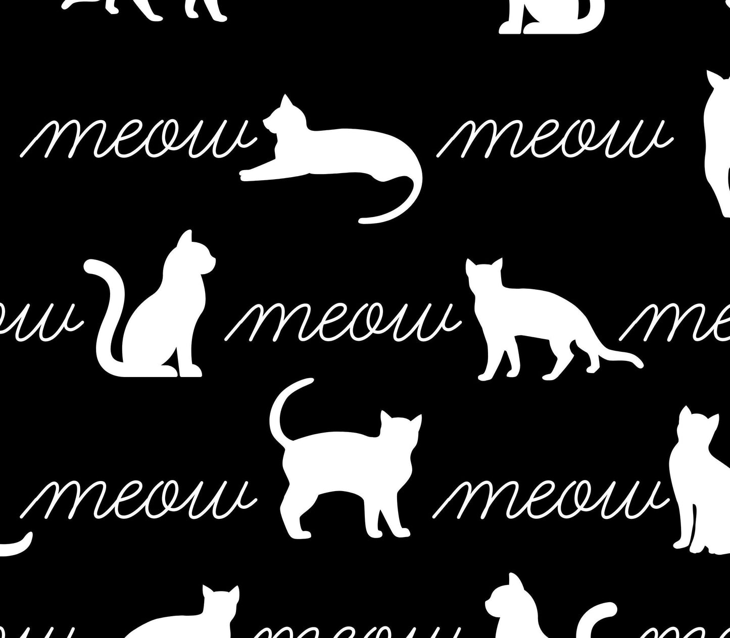 Cat Silhouettes Meow on Black Cotton Fabric - 100% Cotton- Continuous Cuts - by the 1/4 or 1/2 yard - Fat Quarters