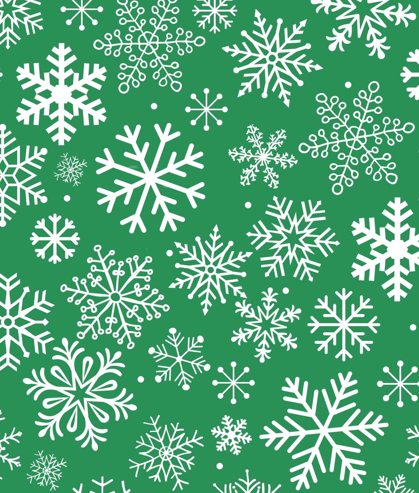 White Snowflakes on Green Christmas Cotton fabric- 100% Cotton - Continuous Cuts Drewie Pie Fabrics