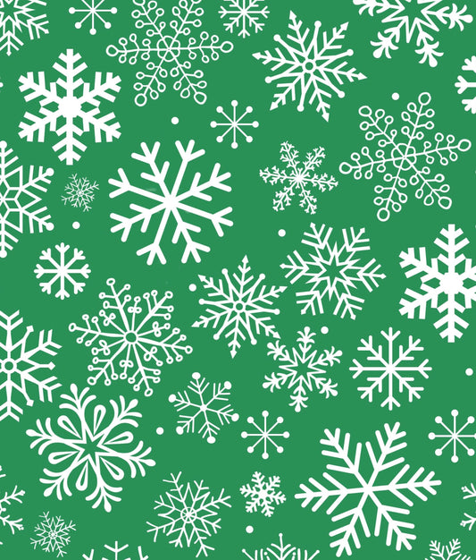 White Snowflakes on Green Christmas Cotton fabric- 100% Cotton - Continuous Cuts Drewie Pie Fabrics