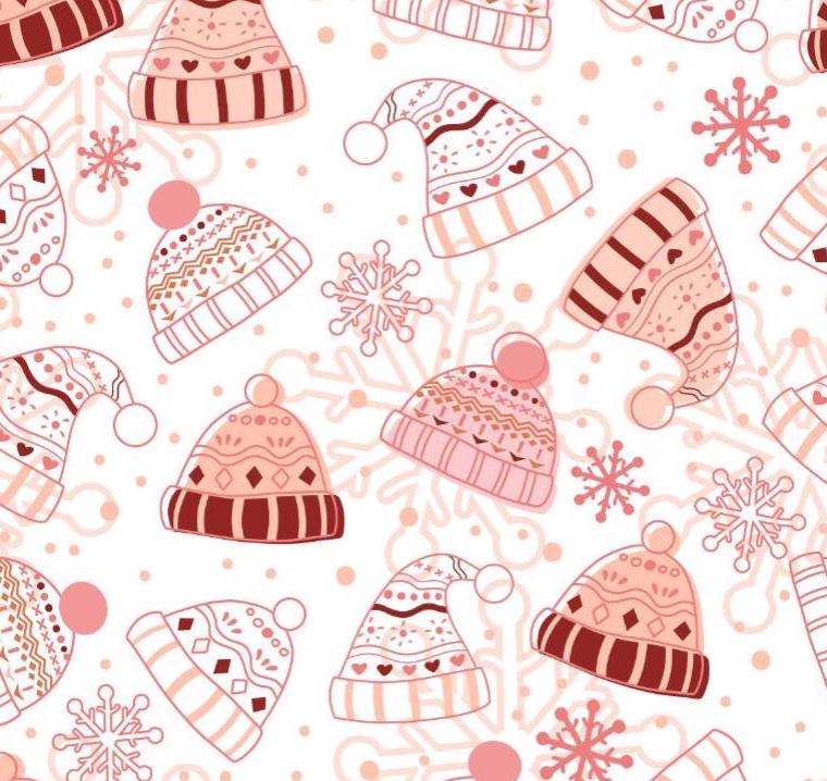 Coral Pink Winter Holiday Hats Cotton Fabric - 100% Cotton - Continuous cuts DA-3981002