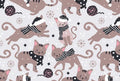 Winter Cats Christmas Holiday Cotton Fabric - 100% Cotton - Continuous cuts