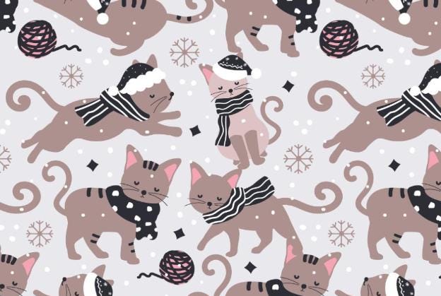 Winter Cats Christmas Holiday Cotton Fabric - 100% Cotton - Continuous cuts