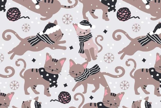 Winter Cats Christmas Holiday Cotton Fabric - 100% Cotton - Continuous cuts
