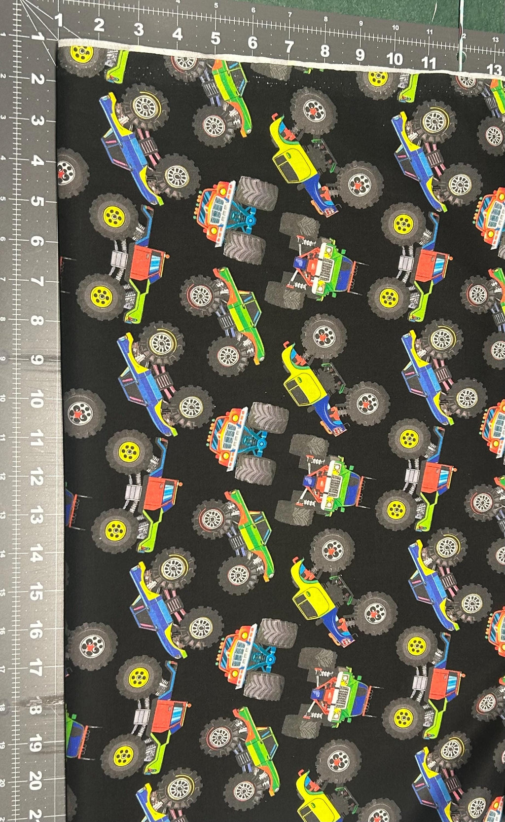 Monster Trucks on Black Fabric 100% Cotton -Continuous Cuts - Drewie Pie Fabrics Exclusive print Planes, Trains, Trucks