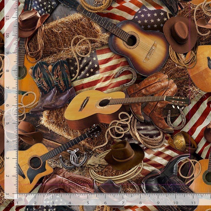 USA Flags and Western Cotton Fabric Timeless Treasure 100% Cotton fabric Continuous cuts -west-cd3863 Patriotic Guitar
