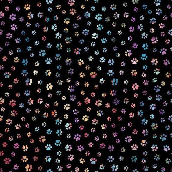 Paw Cotton fabric 100% Cotton - Continuous Cuts-  TT-Cat CD4006 Black - Paw Prints