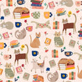 Every Home Every Cat Books and Coffee Cotton Fabric- 100% Cotton - Fabric - Cat Fabric 3 Wishes Fabrics CAT 24180