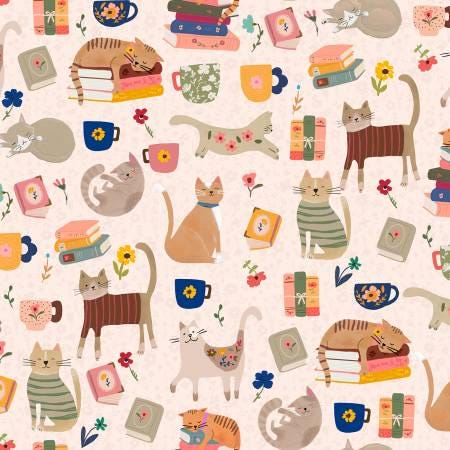 Every Home Every Cat Books and Coffee Cotton Fabric-  100% Cotton - Fabric - Cat Fabric 3 Wishes Fabrics CAT 24180
