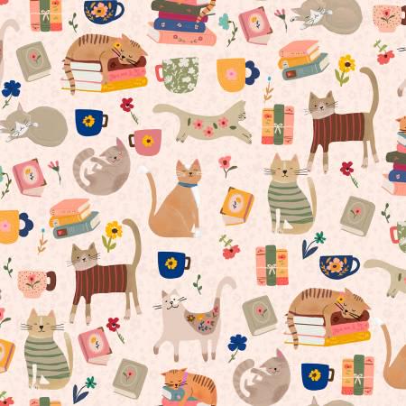 Every Home Every Cat Books and Coffee Cotton Fabric- 100% Cotton - Fabric - Cat Fabric 3 Wishes Fabrics CAT 24180