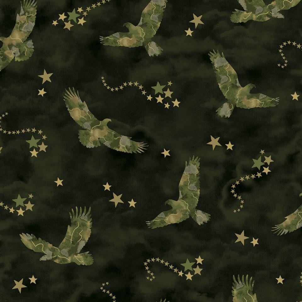 Army Green Eagles with Glitter Accent Cotton Fabric - 100% Cotton - Fabric Material