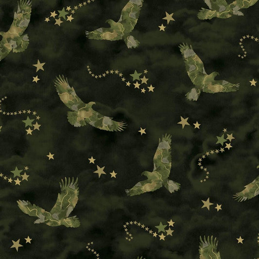 Army Green Eagles with Glitter Accent Cotton Fabric - 100% Cotton - Fabric Material