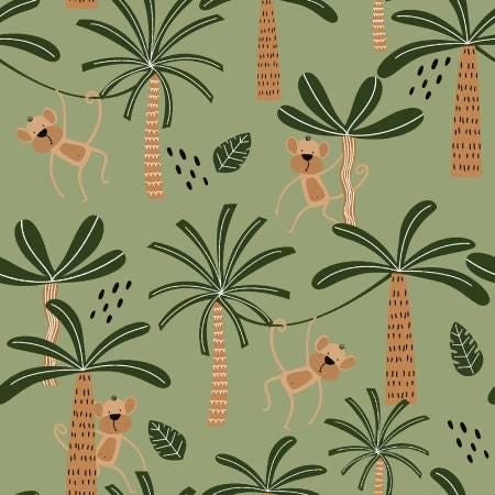 Monkey Around Green - Wild Safari cotton fabric- continuous cuts- 100% Cotton