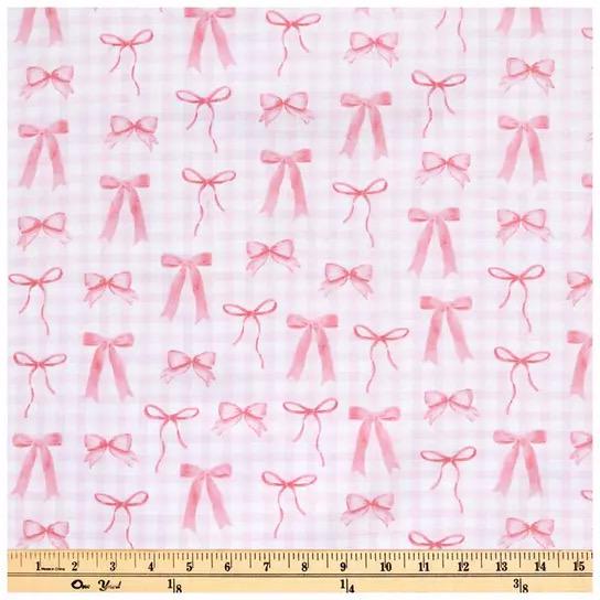 Flannel Pink Bows Gingham Fabric- continuous cuts
