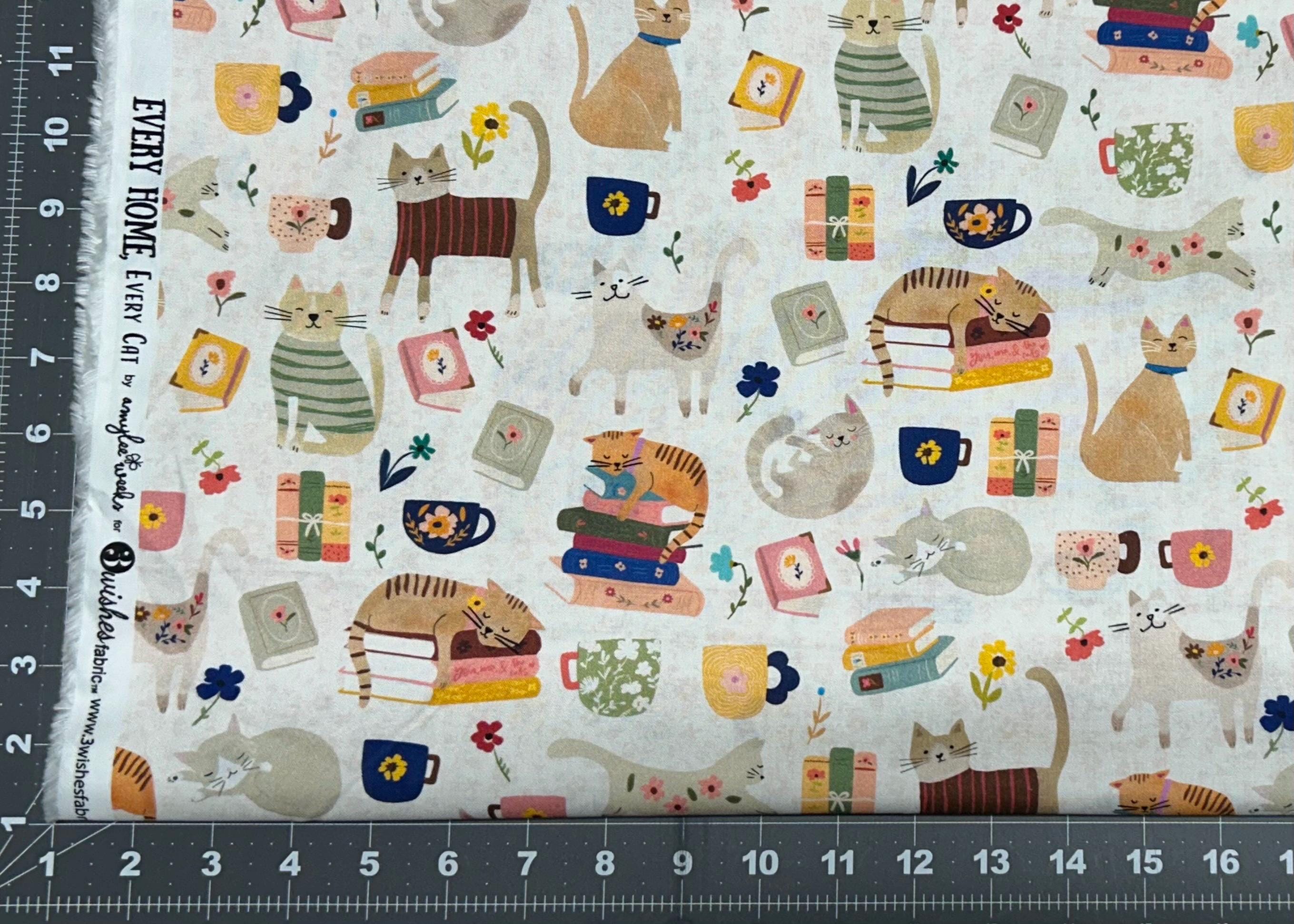 Every Home Every Cat Books and Coffee Cotton Fabric- 100% Cotton - Fabric - Cat Fabric 3 Wishes Fabrics CAT 24180