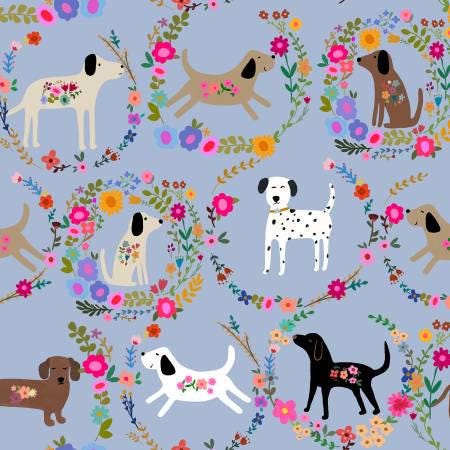 Dog Wreaths Periwinkle cotton fabric - 100% Cotton - continuous cuts