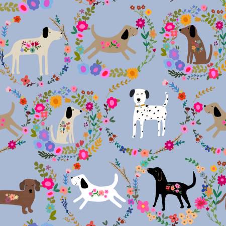 Dog Wreaths Periwinkle cotton fabric - 100% Cotton - continuous cuts