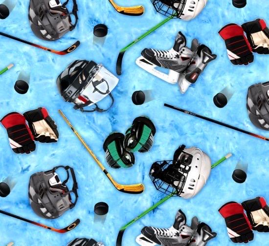 Blue hockey Equipment 100% Cotton Fabric - Hockey Helmets Continuous Cuts