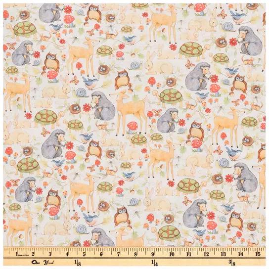 Woodland Cuties animals fabric- 100% Cotton - continuous cuts- Racoon - Fox - Bear-